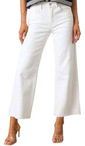 Allimy Jeans da donna a vita alta, gamba dritta, gamba larga, strappati, orlo sfilacciato, pantaloni in denim Capri elasticizzati, bianco sporco, 50