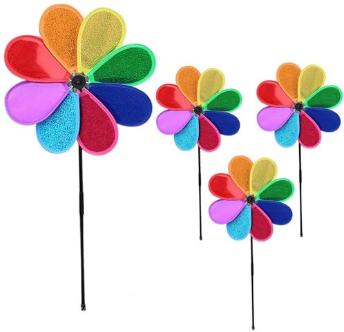 MOAZIFI Windrad Garten - 4-Stück Windspiel Set mit 30cm Blumenwindmühlen, Windspiele für Draußen Stehend zur Balkon- und Gartendekoration
