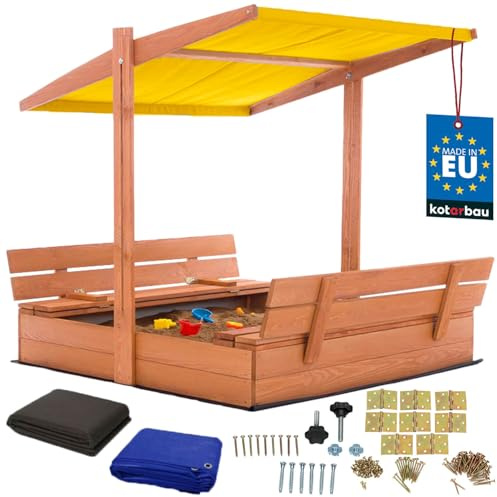 KOTARBAU® Sabbiera per Bambini - Legno di Pino - 120 x 120 cm - Marrone - Sabbiera con Coperchio - con Tetto Giallo e Sedute - da Esterno Giardino - Protezione Sole Pioggia