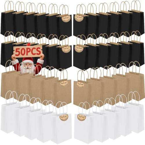 Lot de 50 petits sacs en papier kraft épais avec poignées, sacs cadeaux en papier (21 x 15 x 8 cm), 130 g/m², sacs de fête avec étiquettes pour dragées, fête d'anniversaire, mariage, shopping, vente