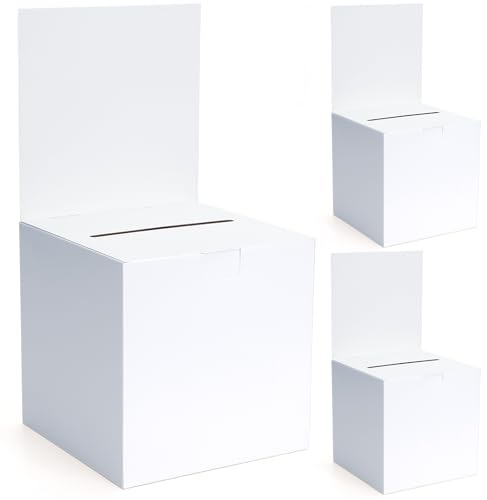 3 Pcs Cardboard Ballot Box, Cardboard Donation Suggestion Box with Slot | 5.9 x 5.9 x 11.8 Inch; White Glossy Raffle Boxes with Removable Header; For Fundraising Collecting Card Voting Contest