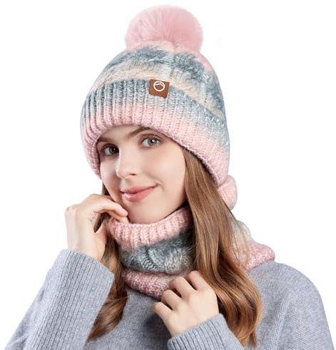 TAGVO Conjunto Set de Bufanda y Gorro de Punto para Mujer, Invierno Calentar Beanie Sombrero Gorras y Bufanda con Forro Polar para Corriendo Bicicleta Excursionismo Deportes