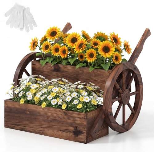 RELAX4LIFE Fioriera da Esterno a Forma di Carrello, Fioriera in Legno a 2 Livelli con 2 Ruote, Maniglie e Fori di Drenaggio, Carriola Porta Fiori per Giardino (Modello 4)