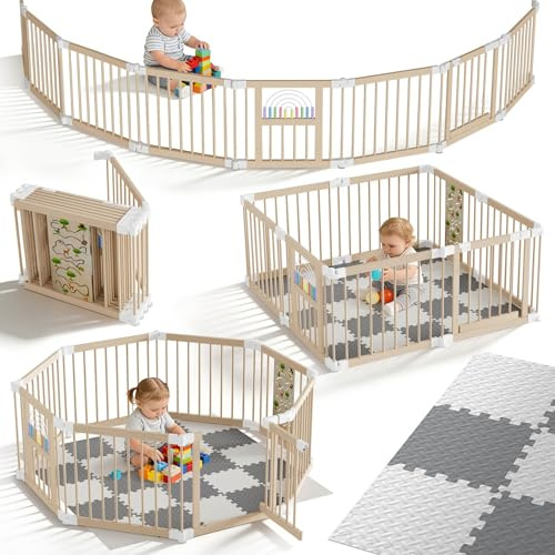 UISEBRT Parque infantil XXL de madera con 2 centros de juego, tamaño ajustable y forma con doble seguridad, parque infantil plegable, 8 elementos, barrera de barrera para bebés y niños pequeños, con