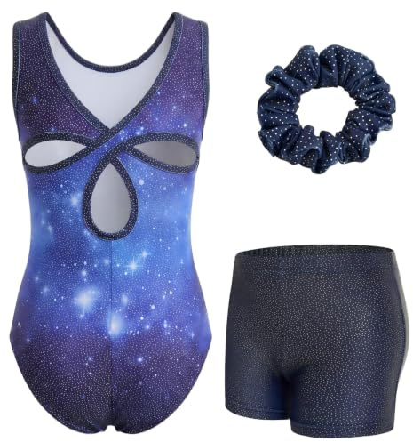 JiAmy Justaucorps de gymnastique sans manches pour fille avec short et élastique à cheveux, décolleté dans le dos, vêtements de gymnastique pour 3 à 12 ans