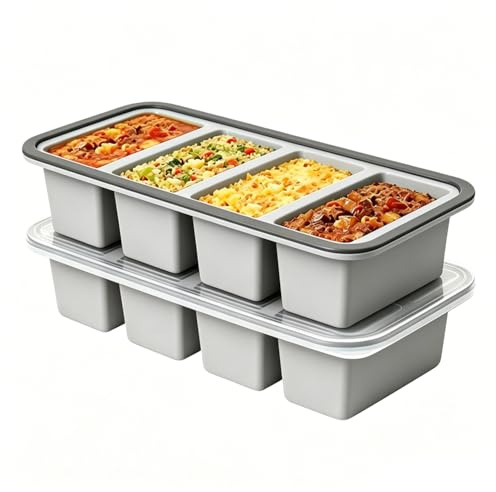 Set med 2 extra stora silikonformar Cubes på 250 ml med lock, för att lagra och frysa soppa, buljong, sås, isbitar utan BPA (grå)