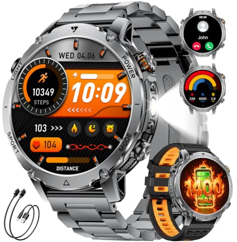 1400 mAh Batterie Montre Connectée Homme, 1,7 HD Smartwatch Militaire avec Appel Bluetooth, 100+ Modes Sport, IP68 Montre Fitness, Cardíaco/Sueño, LED Lampe, Montre de Sport pour Android/iOS, Noir