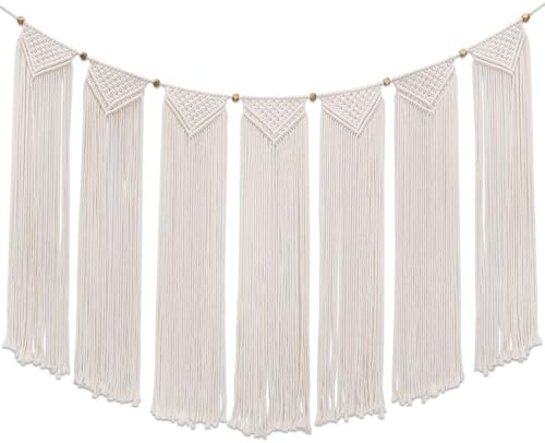 Flexzion Macrame Wall Hanging Bunting Banner Tapestry Art (47 Inch Cream White Cotton Curtain) Hand Woven Bohemian Wall Decor for Boho Home Bedroom Living Room Garland Baby Nursery Rustic