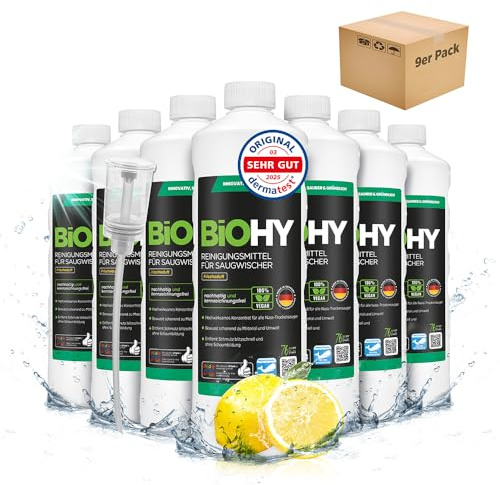 BiOHY Rengörare sugmopp med fräsch doft (9 x 1 liter) med doserare | Kompatibel med Roborock, Dreame, Ecovacs, Tineco, Mova och Bissell torkarblad och dammsugare samt sugtorkare