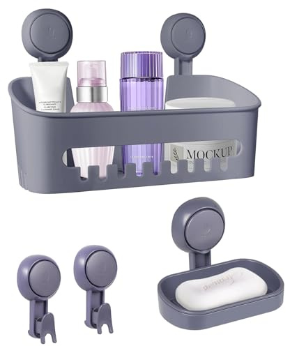 Uten Duschablage Ohne Bohren Set, Duschkorb, Seifenschale mit Saugnapf 2er-Pack aus Kunststoff, Wiederverwendbar 4-in- 1 Badregal Set für Küche, Bade, Wohnzimmer, Grau