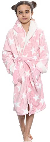 A2Z 4 Kids Girls Fleece Luxury Sherpa Hooded Dressing Gown - Bathrobe 129 Stars Print Pink._11-12