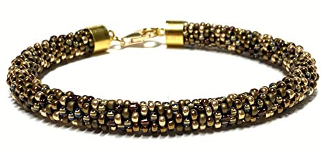 Armband bunt gold/braun gehäkelt Glasperlen 925/- Sterling Silber vergoldet 21cm Handarbeit