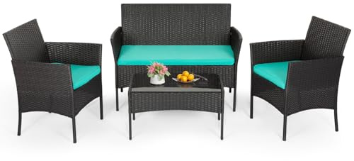 FDW | 4-Piece Patio Furniture Set | Blue | Outdoor Wicker Furniture with Coffee Table | Modern Rattan Chairs Conversation Set | Outdoor Seating | Weather-Resistant | for Porch, Garden, Lawn