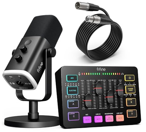 FIFINE Gaming Equipment Set, XLR/USB Dynamic Gaming Microphone Set with Streaming Audio Mixer for Podcast Recording, Voice Video, RGB Game with Fade