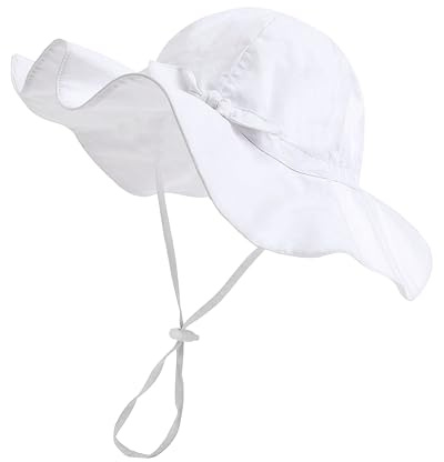 FURTALK Baby Sun Hat Summer Beach Bucket Hats Cotton Bowknot Wide Brim UPF 50+ Sun Protection Caps for Toddler Kids, White, 0-6 Months