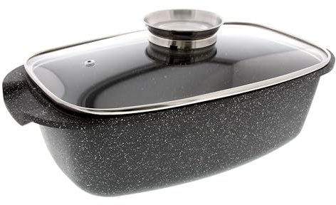 Pradel Excellence - PCUI001033 - Plat à Four en Fonte d'Aluminium Premium 36,5x23x6,6cm - Couvercle Verre - Revêtement Anti-Adhésif Façon Pierre - Tout Feu, Noir