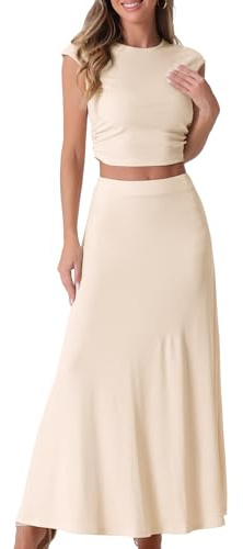 Allegra K Mujer Conjunto Casual Top Corto Falda Midi Línea a | Cintura Elástica Elástico y Cómodo Oficina Fiesta Boda Diseño de Dos Piezas Top Corto