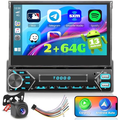 Ohradio Android 15 2G+64G Autoradio 1 DIN CarPlay sans Fil Android Auto sans Fil avec Écran Rétractable de 7 Pouces, Autoradio Bluetooth Radio RDS FM, WiFi GPS SWC USB+Caméra de Recul+MIC