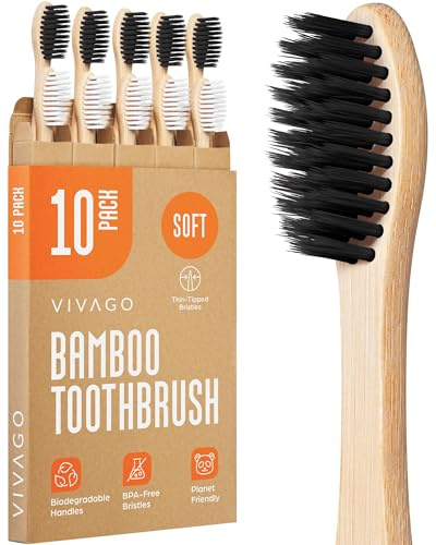 VIVAGO Soft Flossing Bamboo Toothbrushes 10 Pack - BPA Free Soft Bristles Toothbrushes for Adults, Natural Wooden Toothbrush