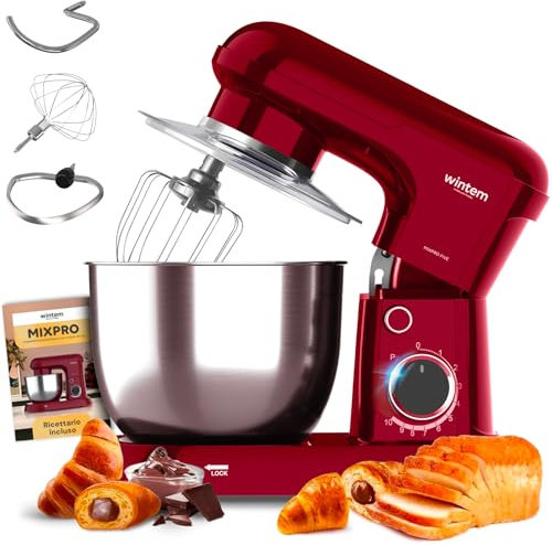 Avilia Impastatrice Planetaria Ciotola in Acciaio 5L Rosso - 15000W e 10 Velocità - Silenziosa e Classe di Protezione II - Include Gancio a Uncino per Impasti, Battitore e Frusta