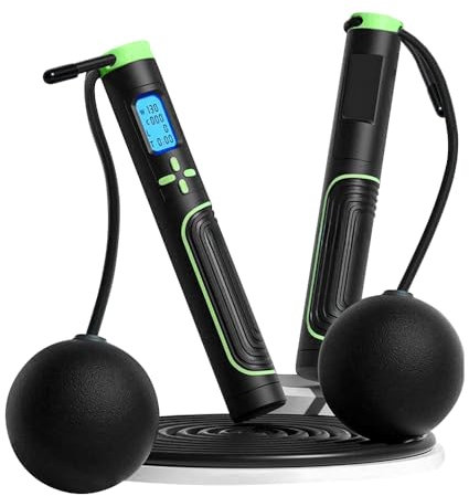 Corde à sauter intelligente sans fil et filaire avec écran HD, longueur réglable, traqueur d'activité et poignées lestées – Comprend un câble métallique caoutchouté de 3 m et une balle sans fil (noir)