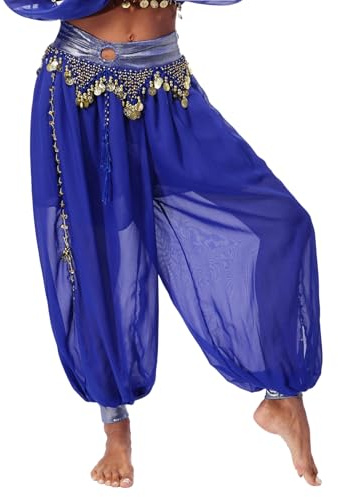 Runhomal Pantalon Danse du Ventre Femme Pantalon Danse Orientale Pantalons Harem Sarouel Costume Belly Dance Bleu Royal Taille Unique