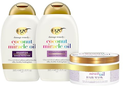 OGX Coconut Miracle Oil Shampoo,Conditioner und Mask 2x385 ml +300g, feuchtigkeitsspendend mit Kokosöl & Vanilleextrakt, ohne sulfathaltige Tenside,Anti Frizz Formel für strapaziertes & trockenes Haar