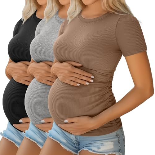 Ficerd Pack de 3 Chemises de Grossesse | En Coton, Manches Courtes, Tissu Raye, Plisse Lateral, Ete, Pour Futures Mamans, Travail, Decontracte