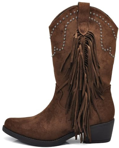 IF Texani Cowboy Western Scarpe da Donna Stivali Stivaletti Frange Borchie Camperos Etnici KL995 Brown N.37