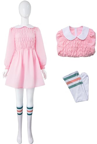 Kolegrial Eleven Costume Donna Cosplay Stranger 4 Eleven Uniforme Manica lunga Vestito con Calzini per Carnevale Halloween Festa Mascherata Abito da Ballo, Rosa