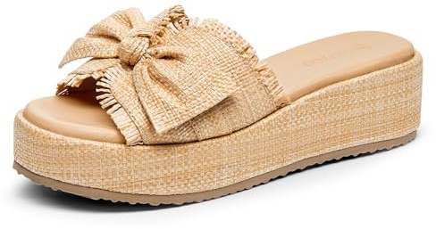 Coutgo Womens Platform Wedge Sandals Bow Open Toe Slide Sandals Straw Slip On Summer Beach Shoes, Dark Brown, Size 8