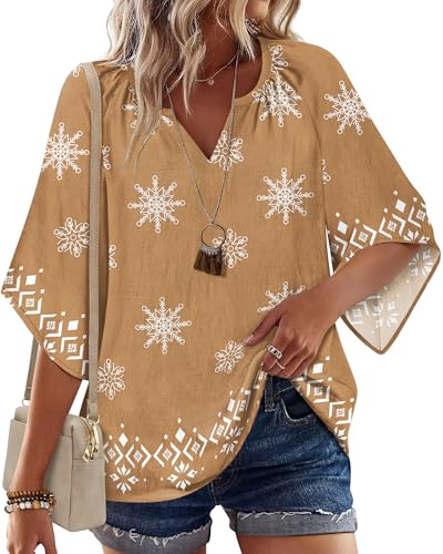 Zeagoo Womens Tops 3/4 Sleeve V Neck Boho Blouses Casual Loose Summer Top Flowy Cotton Tunic T Shirt S-XXL