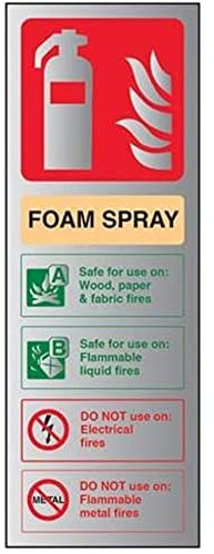 V Safety Fire Extinguisher-Foam Spray ID Not Electrical Safe Sign - 75mm x 200mm - 3mm Brushed Alu Comp