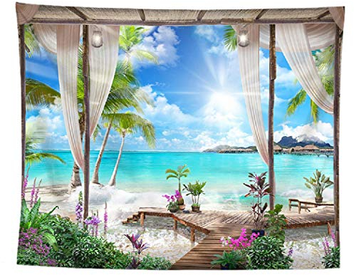 izielad Mer Plage Ciel Bleu Paysage Naturel Fleurs Arbre Tapisserie Tenture Murale Tissu Décor 180X230CM 70.8X90.5IN