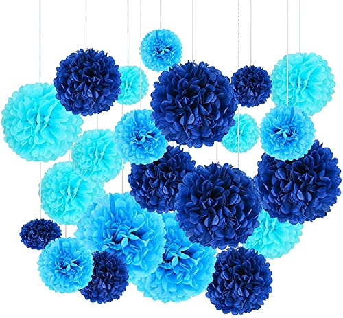 24Pcs Blau Seidenpapier Pompons, Hochzeitsfestdekorationen Pom Pom Hängende Girlande Papierblumenball für Geburtstagsdekoration Baby Shower Hochzeitsfeierzubehör (681012)