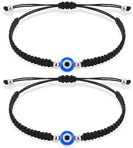 Yolev 2 Pièces Bracelet Mauvais Œil Sangle Tressée À La Main Réglable Bracelet de Protection Kabbale Noir pour Hommes Femmes