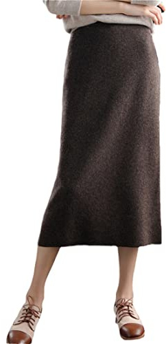 FULBHPRINT Jupe longue en tricot 100% laine automne hiver pour femmes, décontractée, épaisse, taille haute, ajustée aux hanches, cachemire, jupe trapèze polyvalente, café, XXL