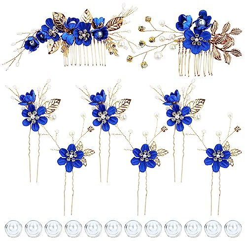 inSowni Lot de 20 peignes à cheveux décoratifs en forme de fleur + épingles à cheveux en forme de U + épingles à cheveux torsadées en spirale pour mariée, demoiselles d'honneur, femmes et filles (bleu