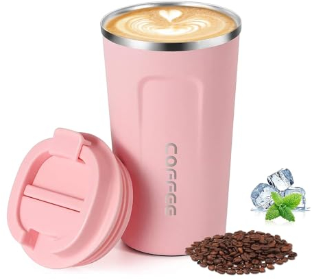 KISUOMAOYI Travel Mugs, Insulated Coffee Cup with Leakproof Lid - Reusable Coffee Cups Travel - Car Coffee Cup - Stainless Steel Thermal Mug for Hot and Cold Coffee Water and Tea(Pink+510ML)