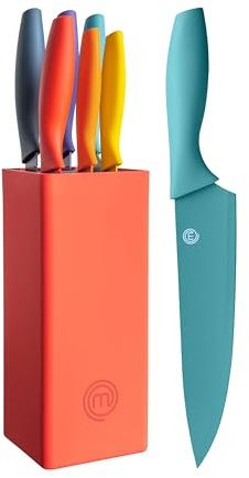 MasterChef Knife Block Set of 6 Kitchen Knives, Extra Sharp Stainless Steel Blades for Professional Cutting with Non Stick Coating & Soft Touch Easy Grip Handles in a Red Universal Block, Vivid Color