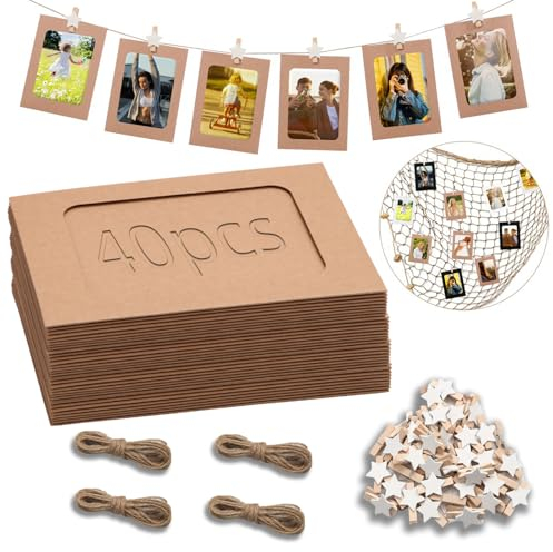 Ziamzra 40 Pezzi Corda Portafoto 10x15 cm Cartoncino Portafoto di Classe Marrone con 40 Pezzi Clip e 8m Corda da Appendere Portafoto Cartoncino per Decorazione Mariage Compleanno Natale
