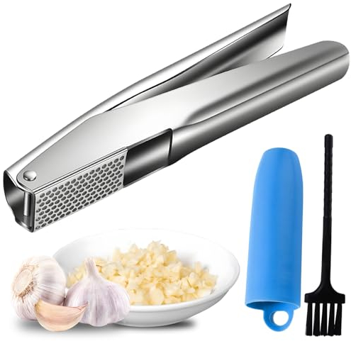 Knoblauchpresse Edelstahl Knoblauchschneider Garlic Press Garlic Crusher Knoblauchmühle mit Knoblauchschäler Reinigungsbürste Knoblauch Hacker Griff Knoblauchpresse Spülmaschinenfest