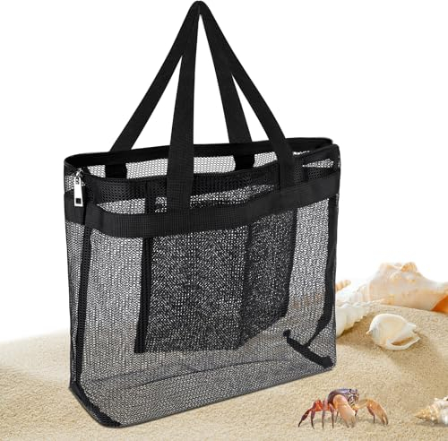 Dncvb Netztasche Sandspielzeug Schwarz Sandspielzeug Tasche TragbareMesh Strandtasche Wiederverwendbare Strandspielzeug Tasche mit Großer Kapazität Geeignet für Pool, Strand, Reisen