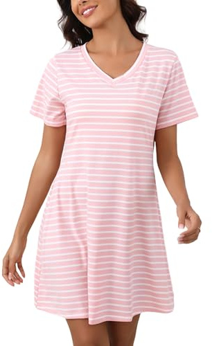Enjyam Chemises de Nuit Coton Femme Rayure Col V Courtes T Shirt de Nuit Manches Courtes Robe de Nuit Courtes Pyjama Casual Top Confortable