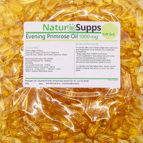 Natur Supps Evening Primrose Oil 1000mg, Cold Pressed, Omega 6, 90mg GLA, 733mg LA, Vitamin E, 120 Evening Primrose Oil Softgel Capsules, UK Made
