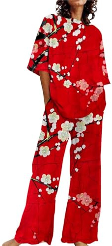 Generico Vestaglia O Kimono Donna Abiti Estivi per Donna 2 Set di Lino in Cotone T-Shirt Oversize Pantaloni a Gamba Dritta Tuta Taglie Forti Pigiama Donna 7XL (Red, L)