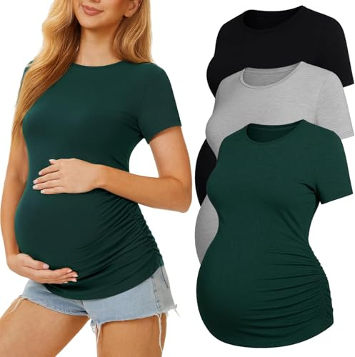 MIRAZEN 3 Pack Womens Maternity Shirts - Crew Neck Maternity Top Short Sleeve Pregnancy Tee Shirts, Black/Light Grey/Dark Green, Large