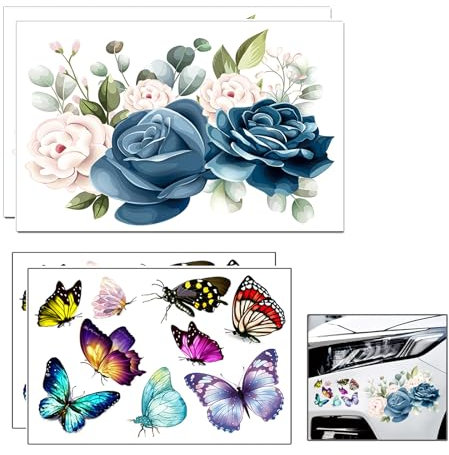 Nurila Lot de 4 autocollants pour voiture - Grand autocollant 3D - Amusant - Pour moto, pick-up (fleurs 28 x 20 cm x 2, papillons 21 x 30 cm x 2)
