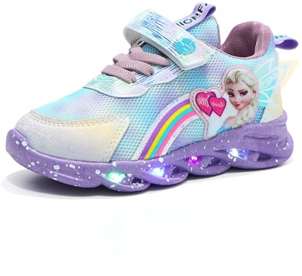 Sneakers luminose for bambini, scarpe ELSA for bambine, trainers lampeggianti for kids con luce e chiusura in MAGIC TAPE antiscivolo rosa viola for bambine primavera, estate e autunno(Viola,34 EU)