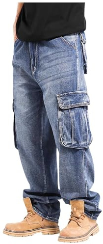 Baggy Jeans Herren, Herren Cargohose Geradem Bein Jeanshose Vintage Arbeitshose, Used-Look, High Street Jeans Bequem Freizeithose Vielseitig Modisch Denim Lässige Outdoorhose mit Multi Taschen Hose